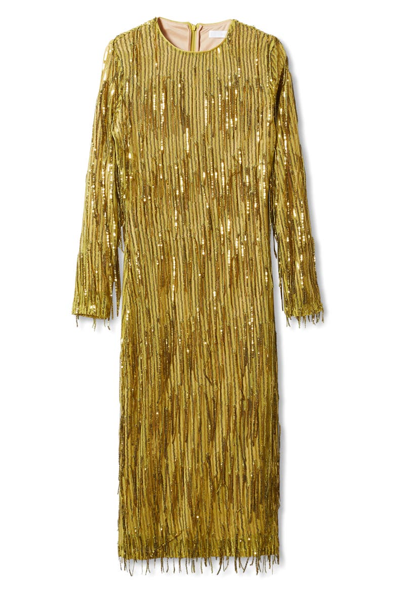 Sequin & Bead Fringe Long Sleeve Dress, Alternate, color, OLIVE GREEN