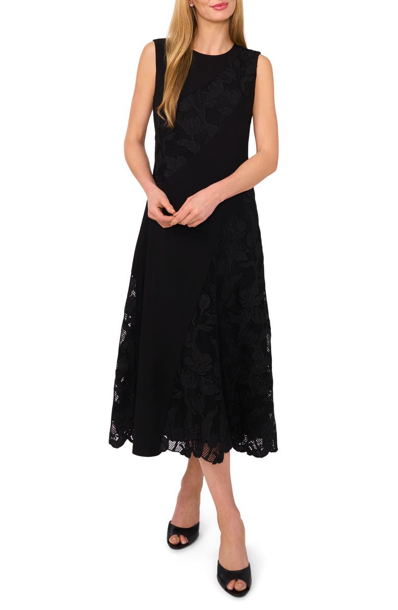 Ted Baker Guipure Lace Appliqué Midi Dress, Main, color, Rich Black