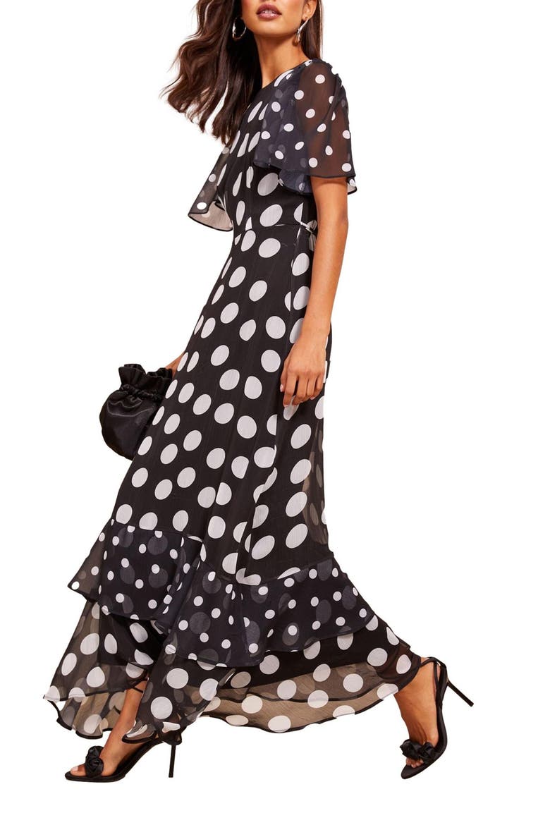 Mixed Dot Chiffon Maxi Dress, Alternate, color, BROWN