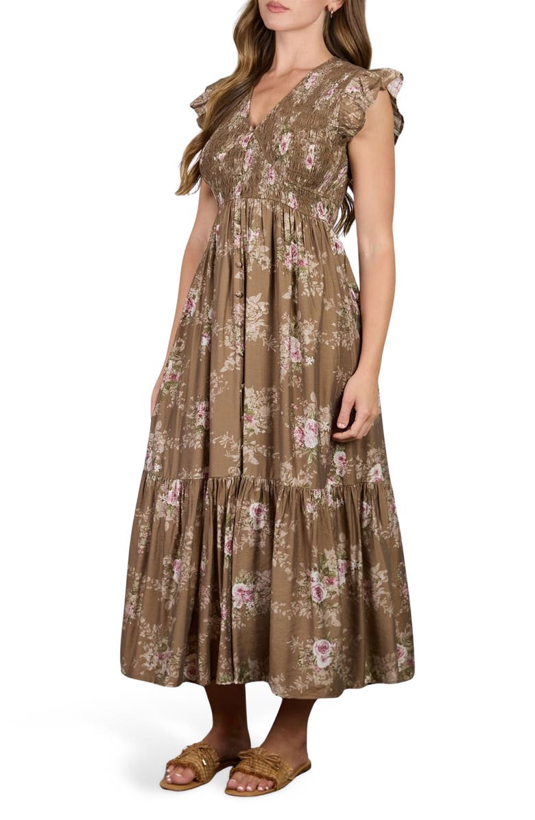 AUGUST SKY Floral Smocked Midi Dress, Alternate, color, Brown Multi