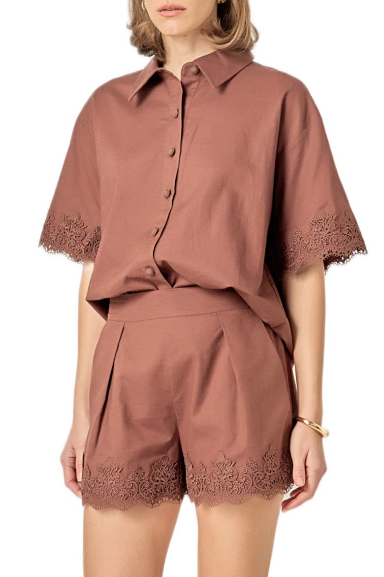 Embroidered Lace Linen Blend Shirt, Alternate, color, CHOCOLATE BROWN