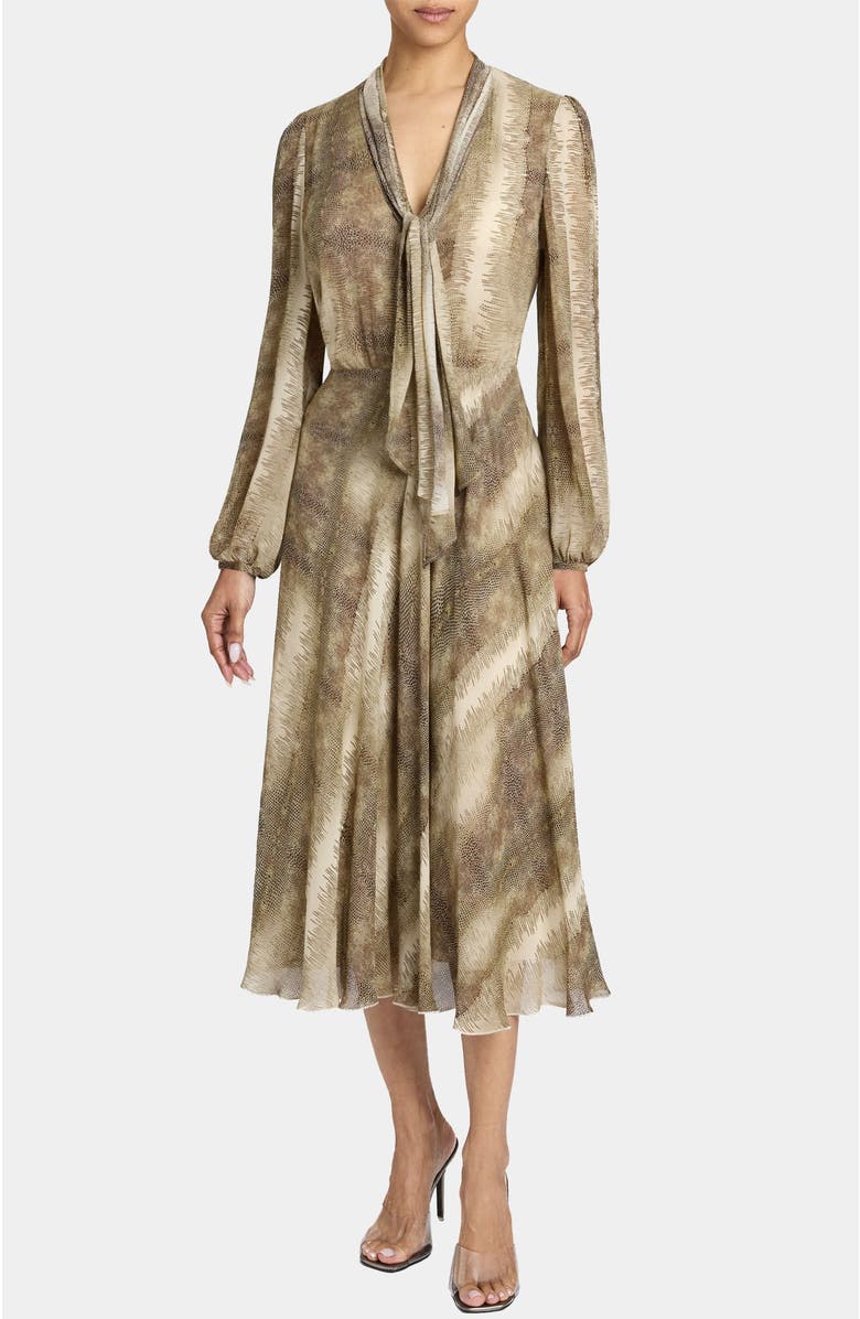 Santorelli Jenn Printed Tie Neck Midi Dress, Alternate, color, Sahara