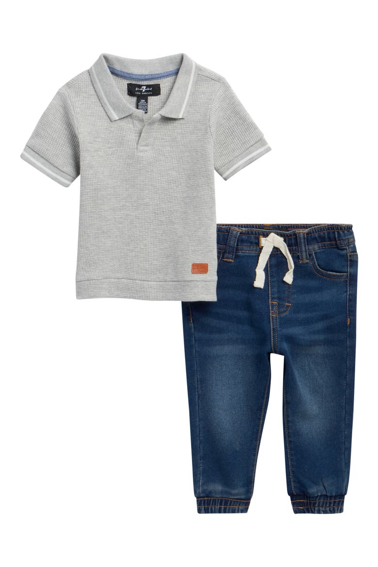 Waffle Knit Polo & Jeans Set, Main, color, HEATHER GRAY
