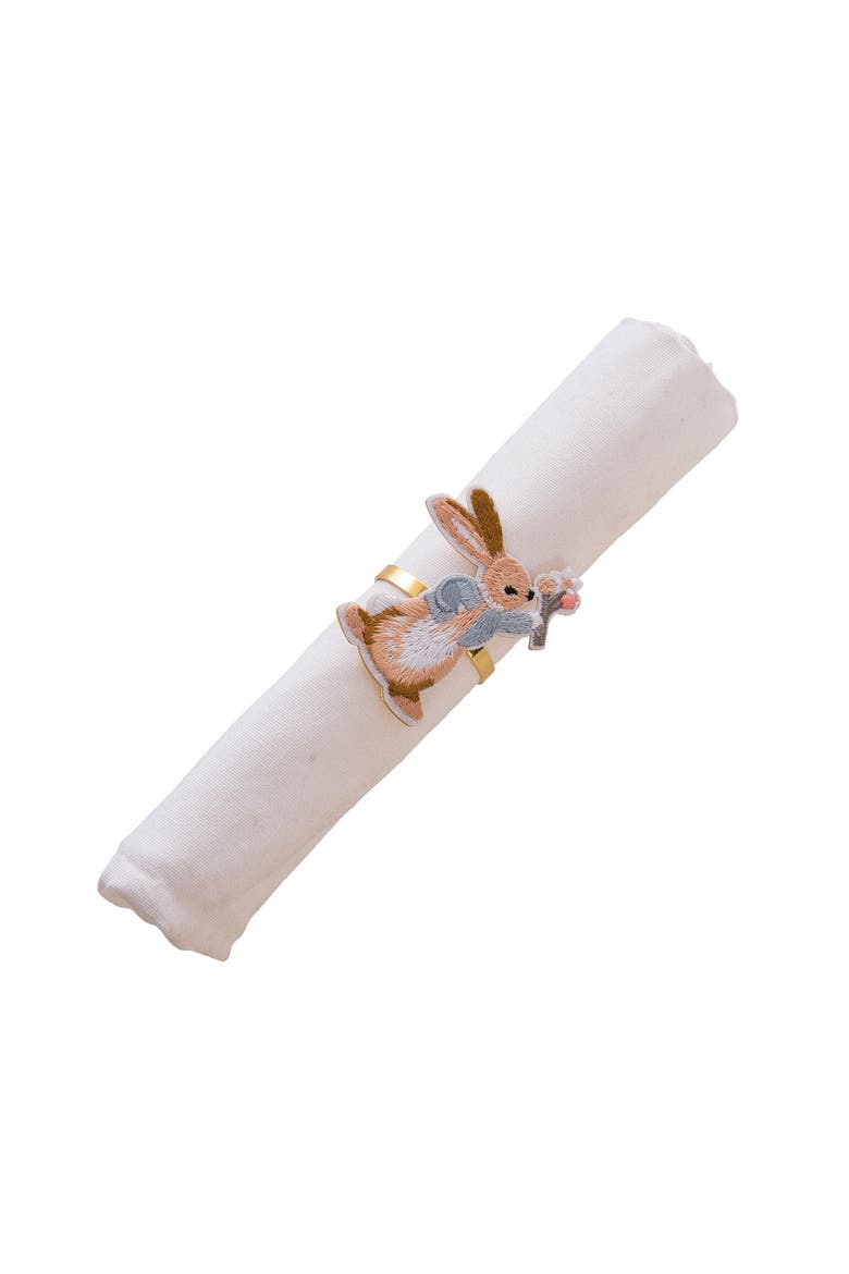 Easter Rabbit Holding Carrot Decorative Set of 4 Gold Napkin Rings, Alternate, color, Brown