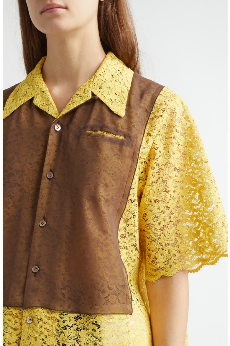 Mixed Media Lace & Chiffon Camp Shirt, Alternate, color, YELLOW