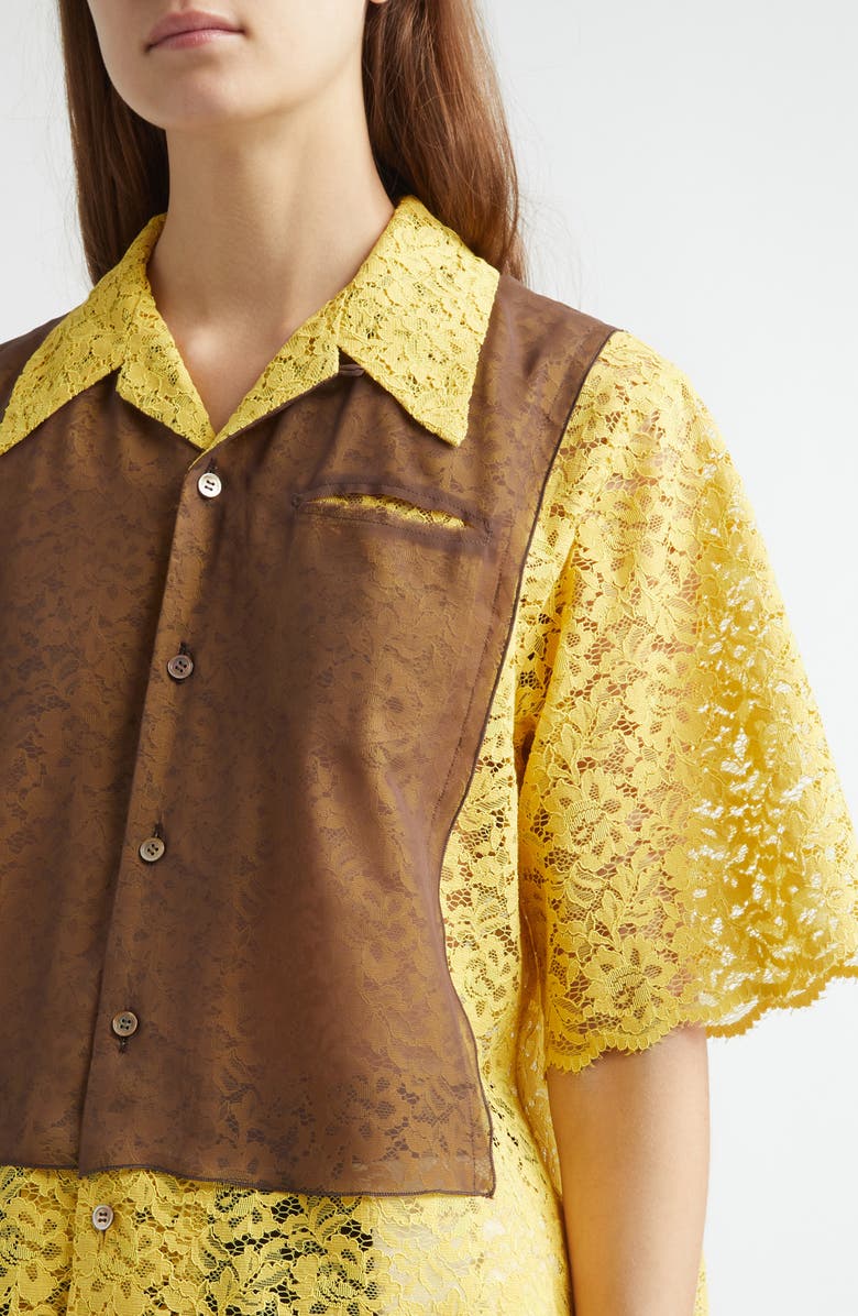 Undercover Mixed Media Lace & Chiffon Camp Shirt, Alternate, color, Yellow