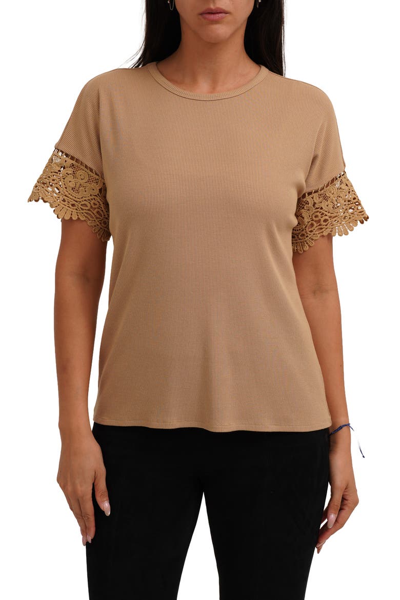 Lace Trim Short Sleeve Ribbed Top, Main, color, WARM SAND