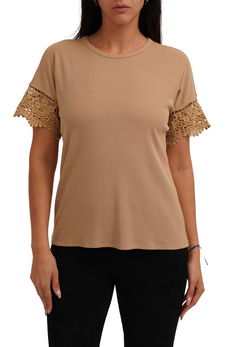 CYRUS Lace Trim Short Sleeve Ribbed Top, Main, color, Warm Sand