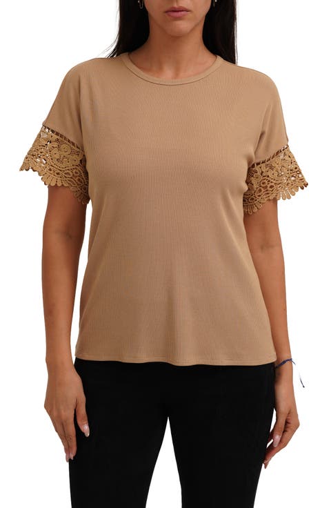 Lace Trim Short Sleeve Ribbed Top