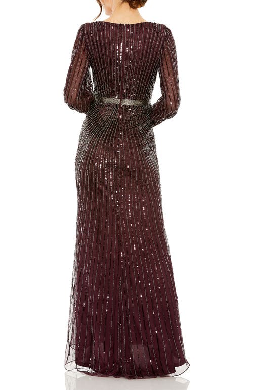 Mac Duggal Sequined Wrap Over Bishop Sleeve Gown In Blackberry