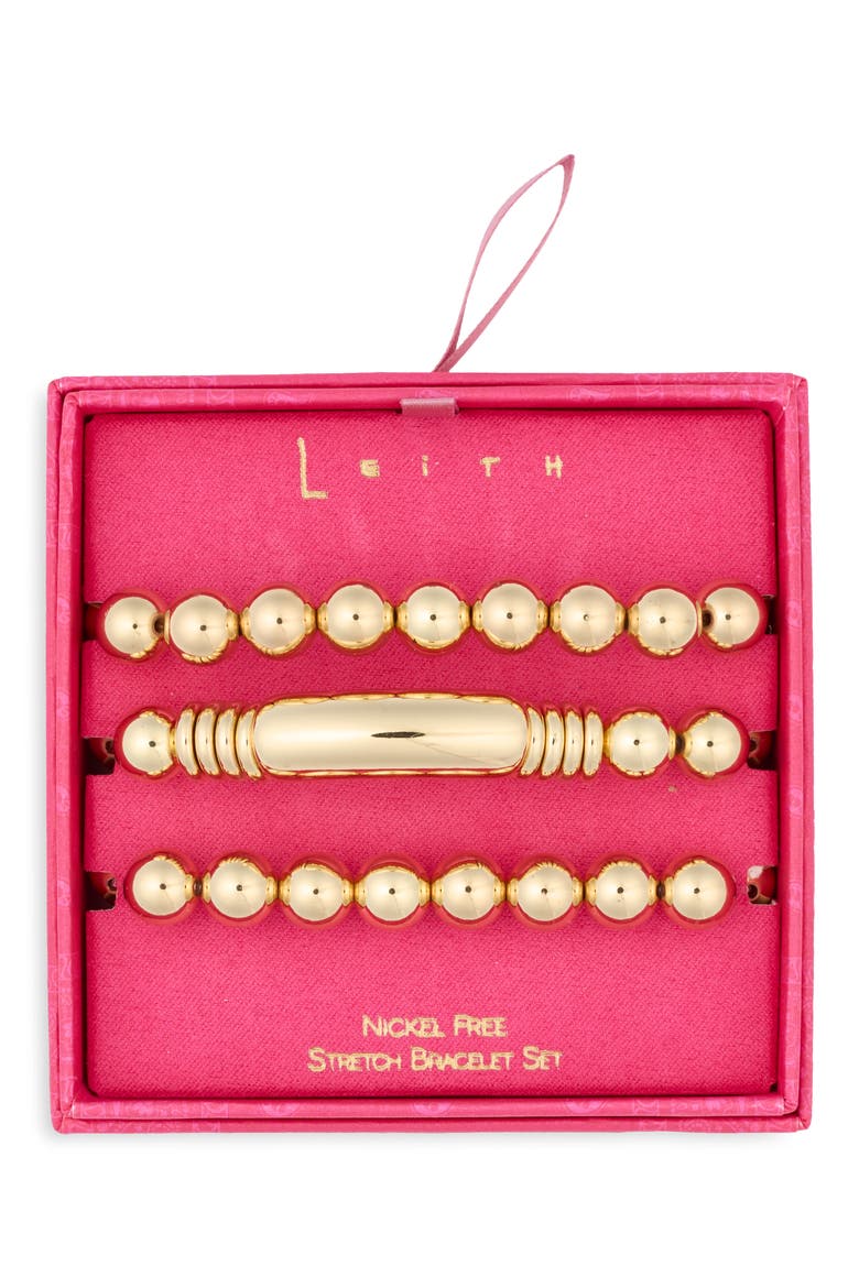 Set of 3 Bar and Bead Stretch Bracelets, Main, color, GOLD