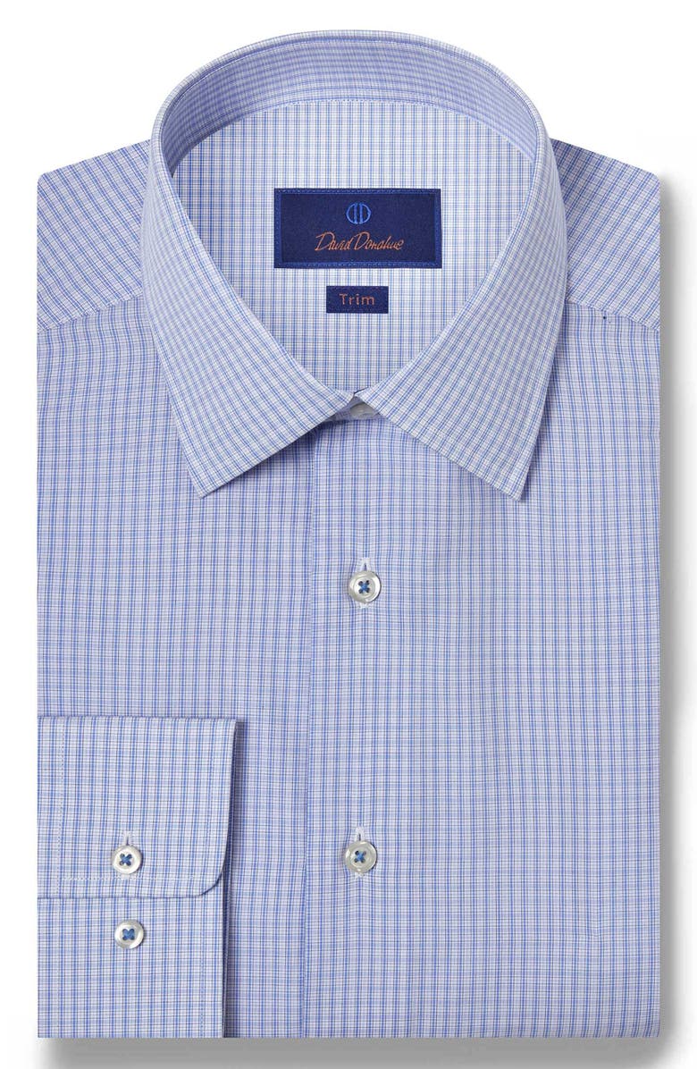 David Donahue Trim Fit Microcheck Cotton Dress Shirt, Main, color, White/ Blue