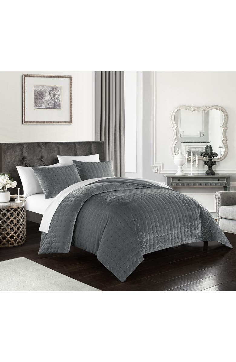 CHIC Chaya Rich Quilted Hand-Stitched Velvet King Comforter Set - Grey, Alternate, color,