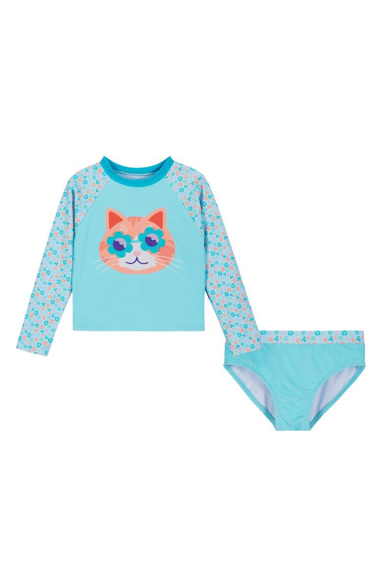 Andy & Evan Kids' Appliqué Long Sleeve Two-Piece Rashguard Swimsuit, Main, color, Aqua