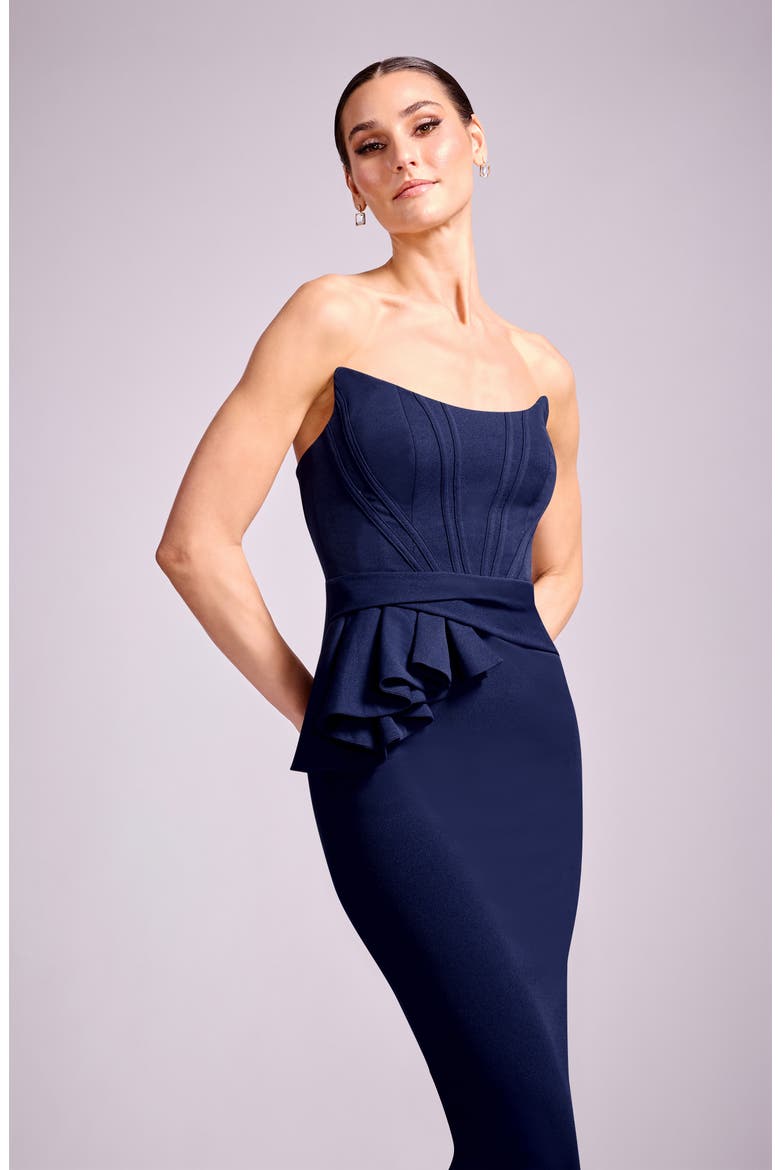 Teddi Strapless Corset Bodice Body-Con Cocktail Midi Dress, Alternate, color, NAVY