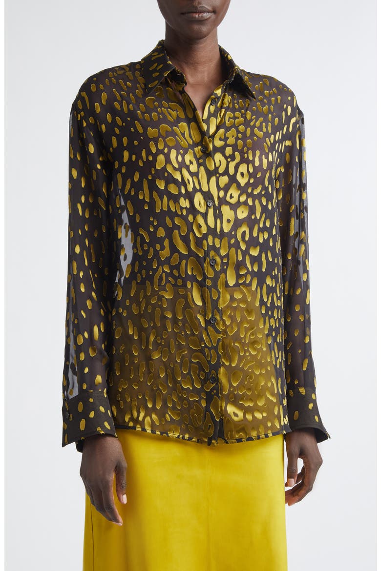 Devoré Silk Blend Georgette Button-Up Shirt, Alternate, color, EXPRESSO/ BRASSWOOD