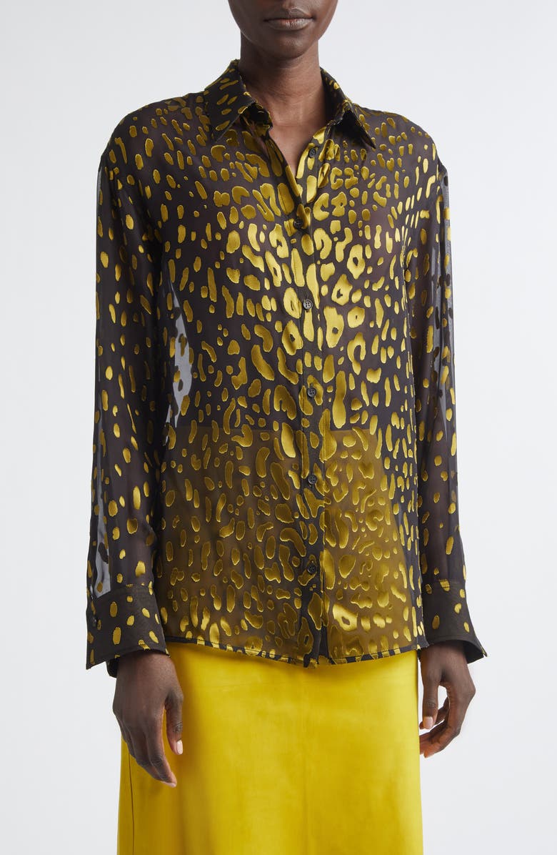 FERRAGAMO Devoré Silk Blend Georgette Button-Up Shirt, Alternate, color, Expresso/ Brasswood