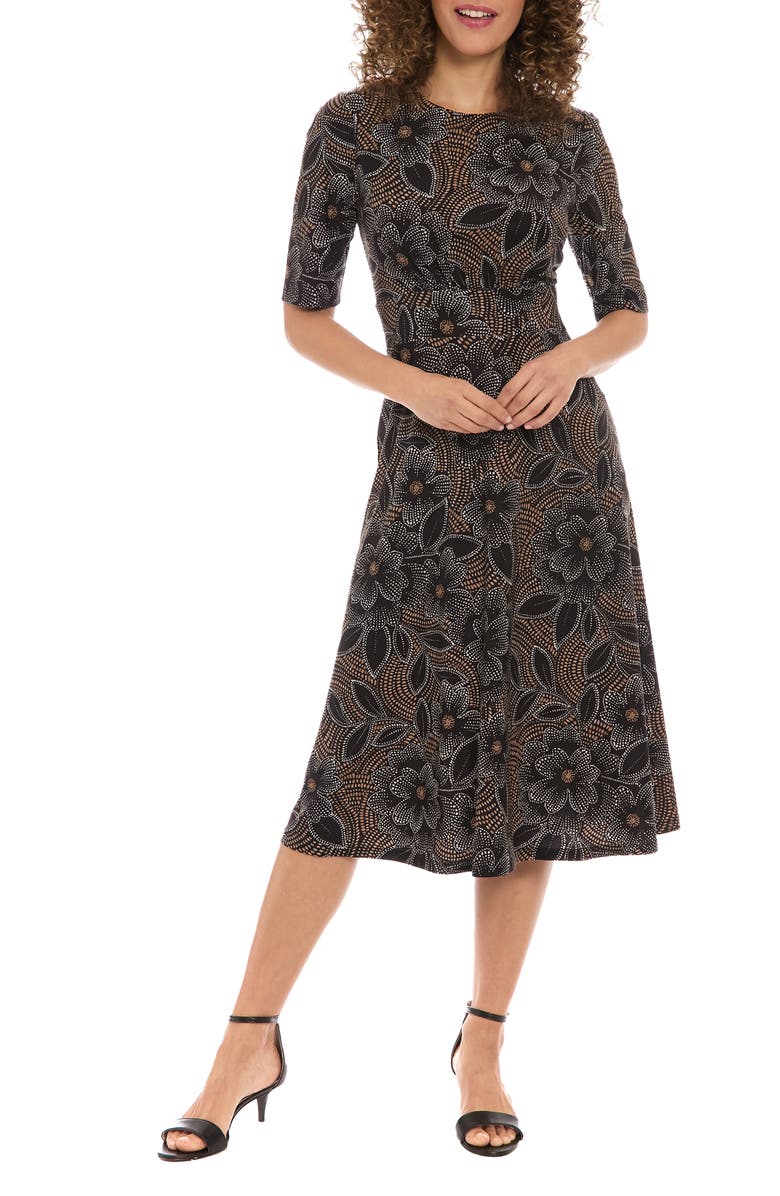 London Times Floral Short Sleeve Inset Waist Midi Dress, Main, color, Black/ Tan