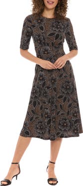 London Times Floral Short Sleeve Inset Waist Midi Dress