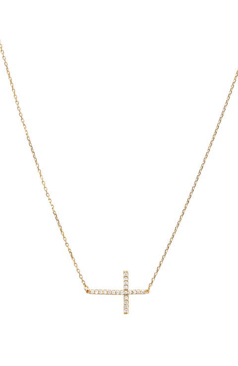 Sterling Silver 18k Gold Plated Horizontal Cross Necklace, Holiday Gift Idea