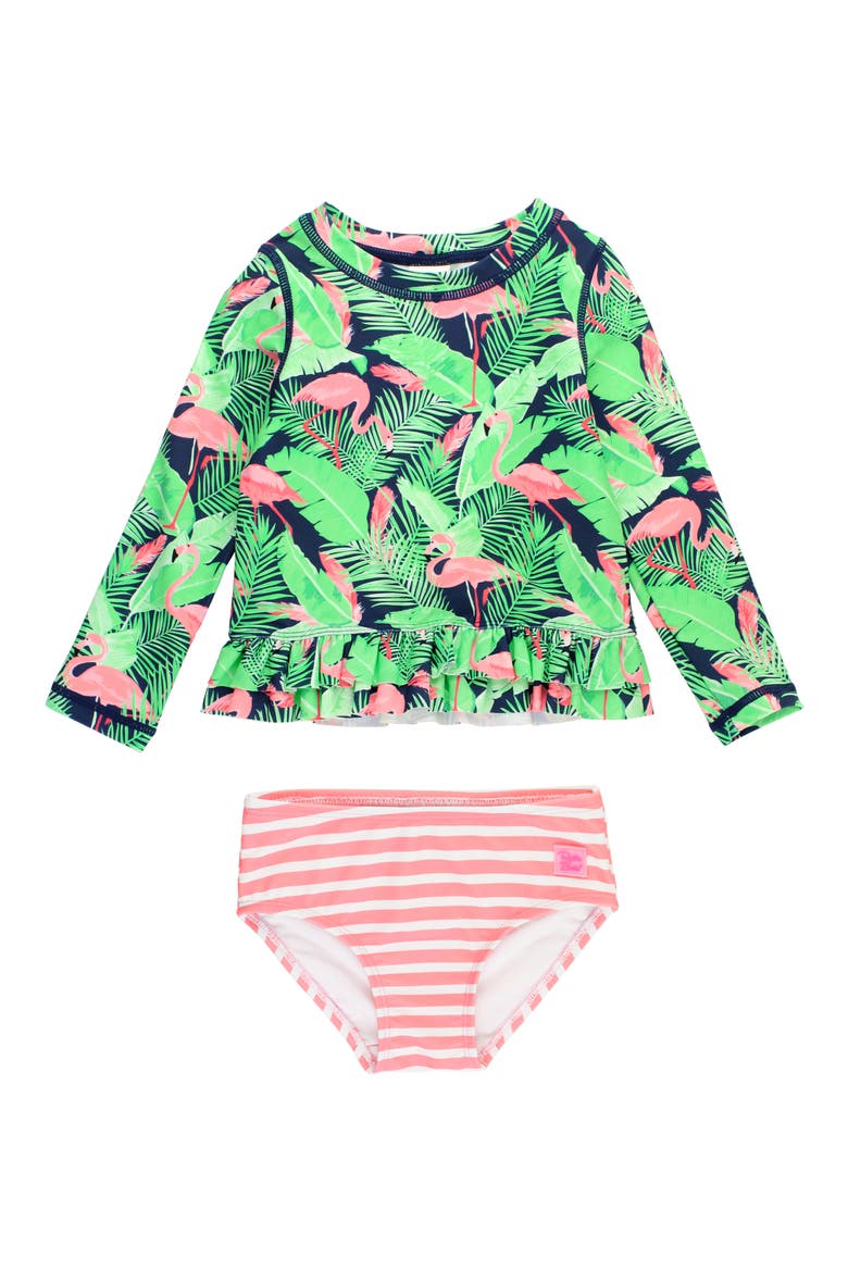 Kids' Flamingo Frenzy Long Sleeve Two-Piece Rashguard Swimsuit, Main, color, BLUE