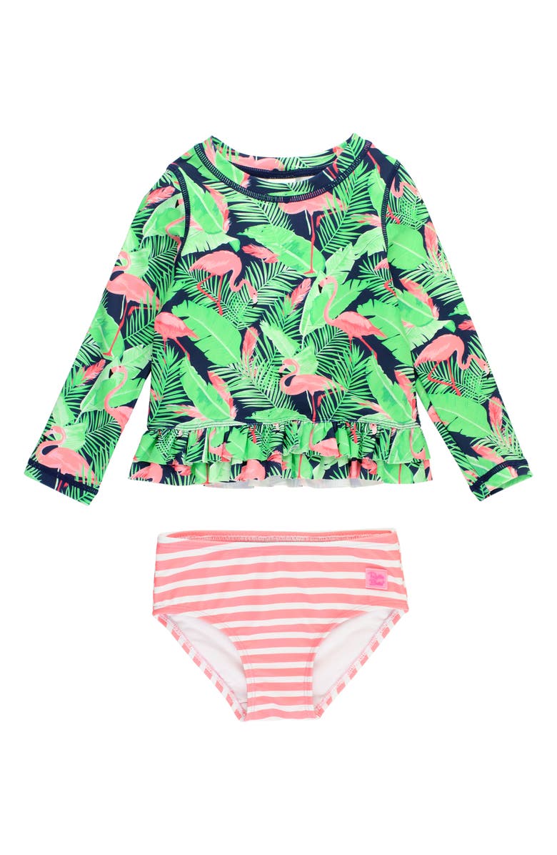RuffleButts Kids' Flamingo Frenzy Long Sleeve Two-Piece Rashguard Swimsuit, Main, color, Blue