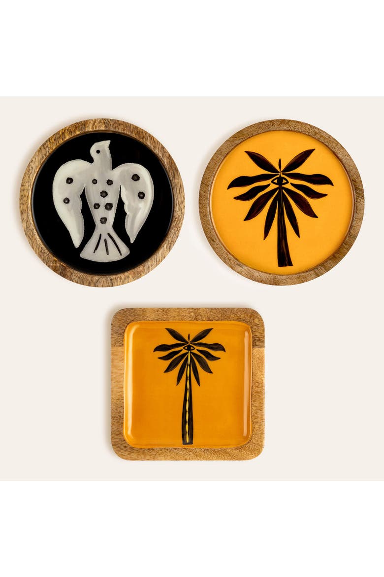 Mango Tree Tray and Coaster 3 Pcs Set, Main, color, Black-Yellow-Beige