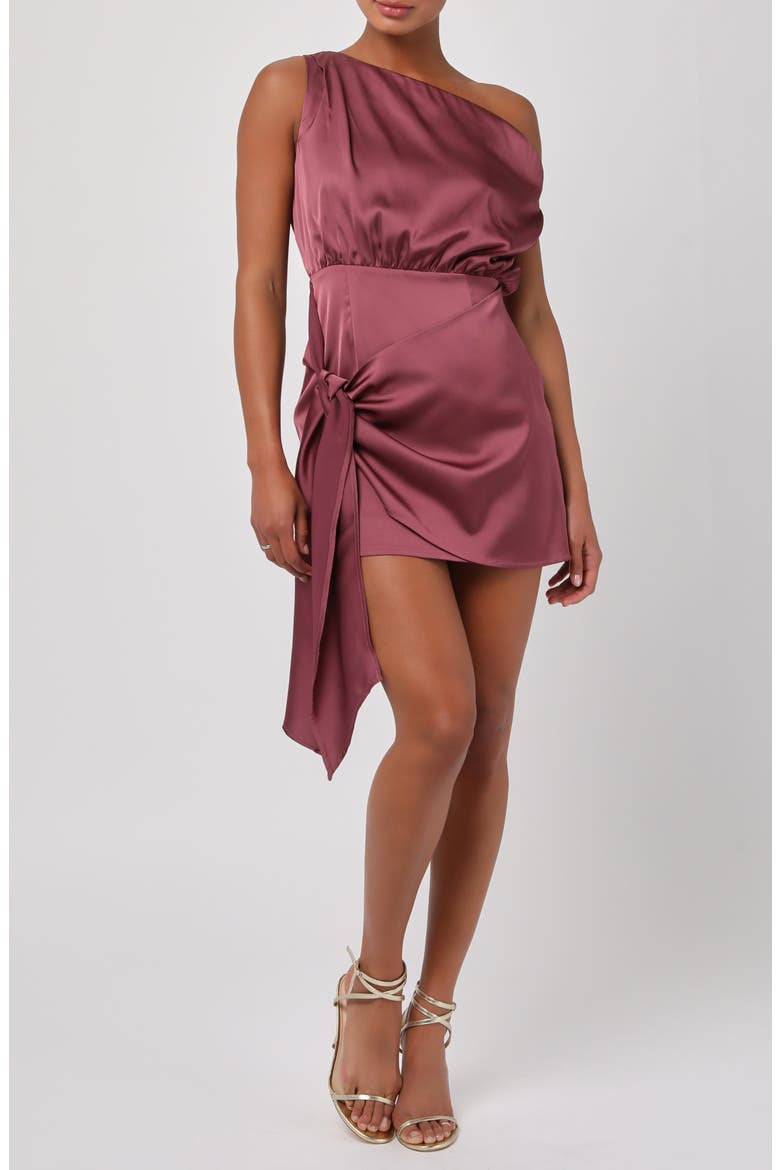 June One-Shoulder Tie Front Satin Minidress, Main, color, DARK MAUVE