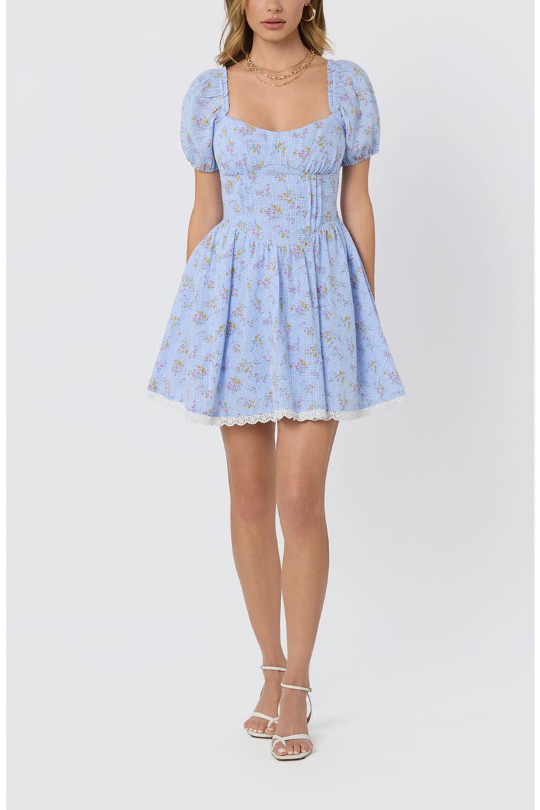 Ilianna Floral Border Print Minidress, Main, color, BLUE FLORAL GINGHAM
