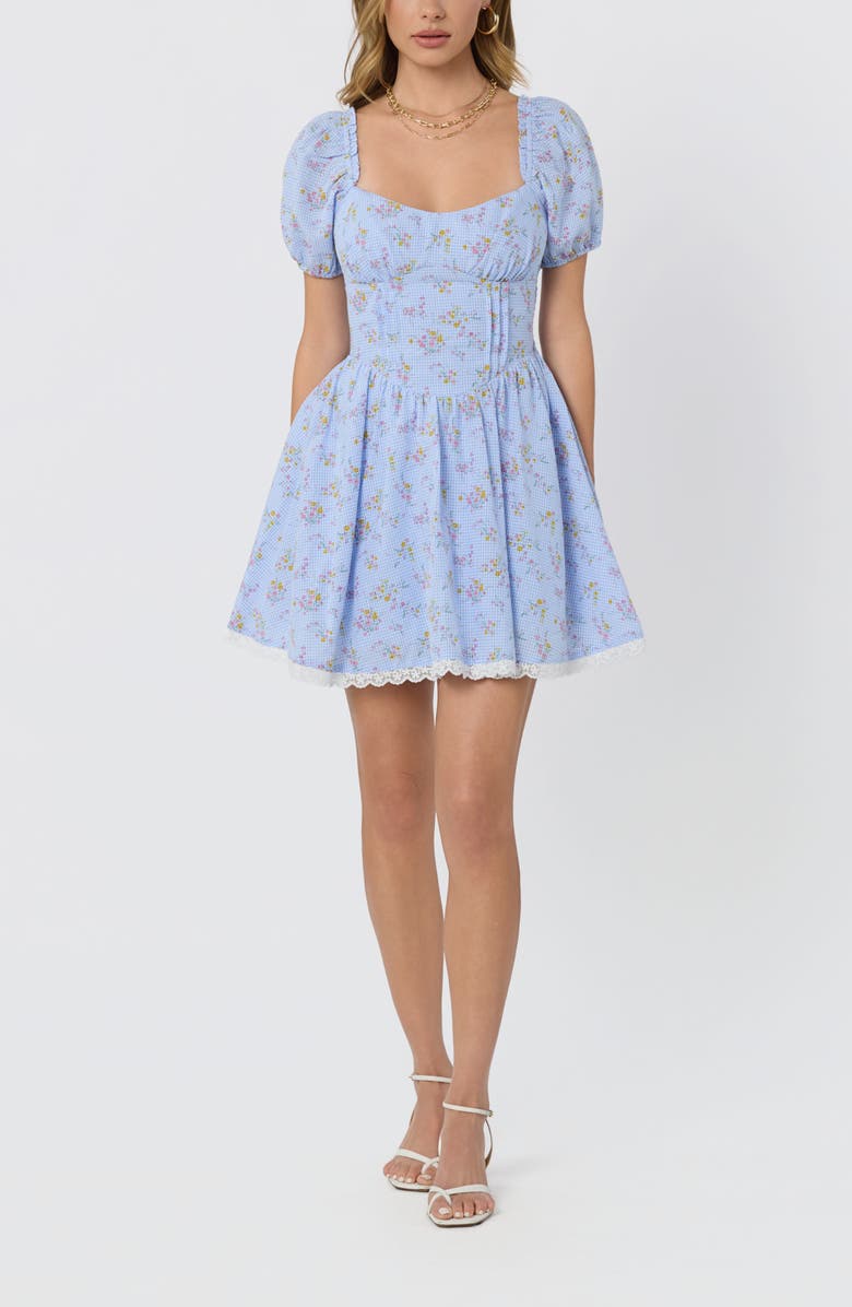 ASTR the Label Ilianna Floral Border Print Minidress, Main, color, Blue Floral Gingham
