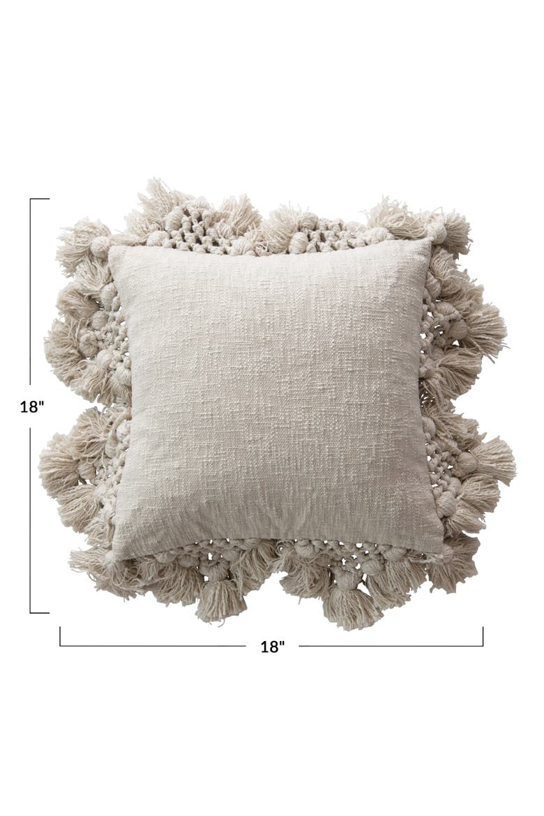 Cotton Slub Pillow with Crochet and Tassels, Cream, Alternate, color, Cream