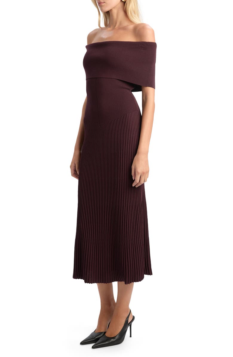 Bardot Harro Off the Shoulder Rib Midi Dress, Main, color, Chocolate