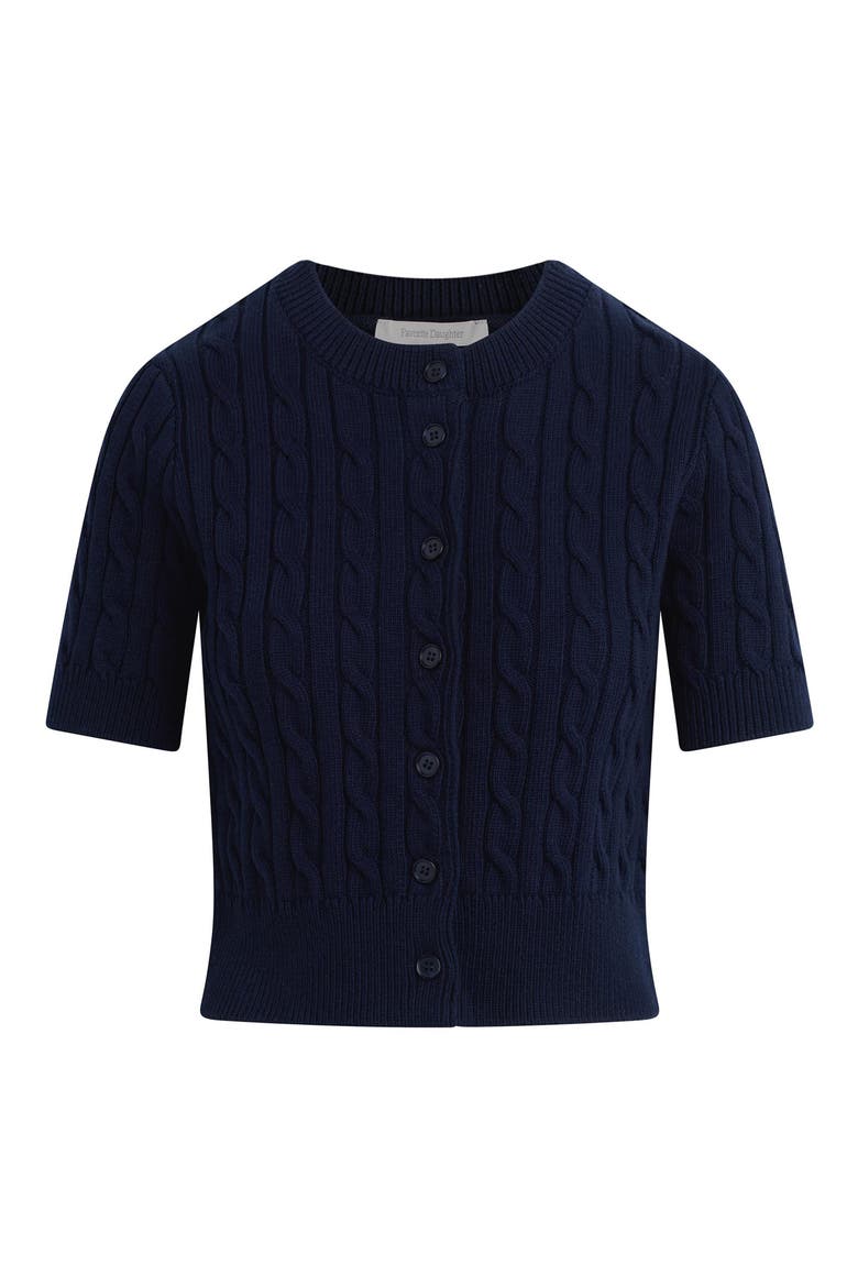 The Cafe Cable Short Sleeve Cardigan, Alternate, color, NAVY
