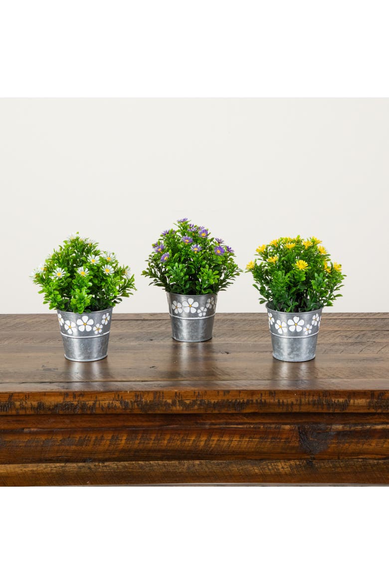 8-in Artificial Daisy Plant in Decorative Daisy Tin Planter - Set of 3, Alternate, color, Assortment 2