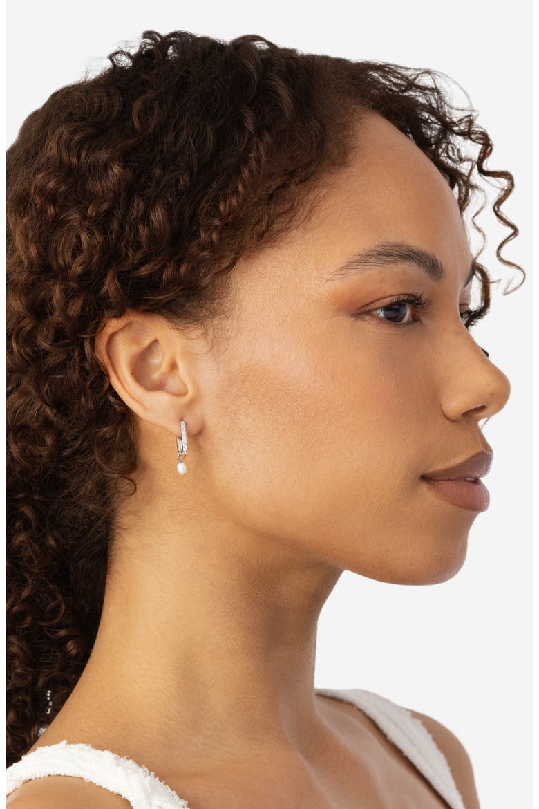 Cubic Zirconia & Faux Pearl Drop Hoop Earrings, Alternate, color, SILVER