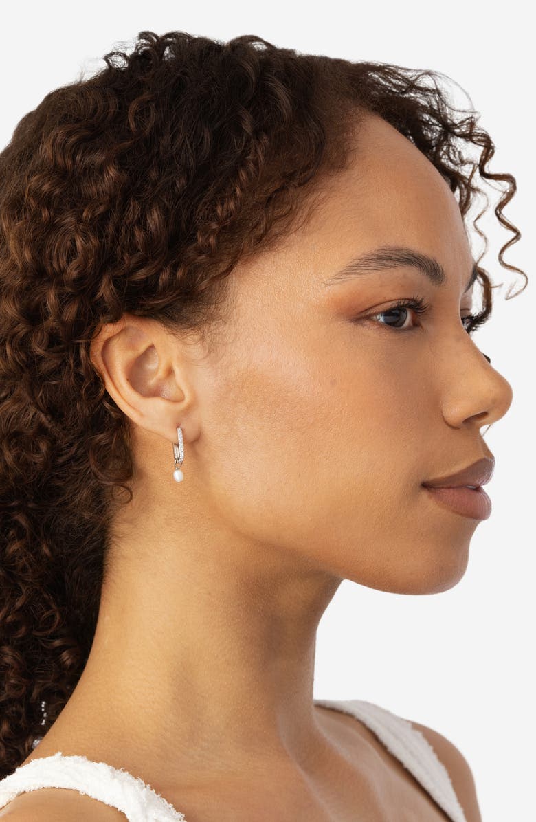 ATHRA LUXE Cubic Zirconia & Faux Pearl Drop Hoop Earrings, Alternate, color, Silver