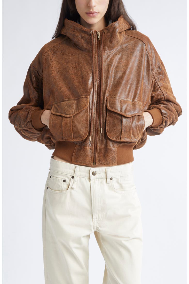Oversize Leather Bomber Jacket, Main, color, BROWN