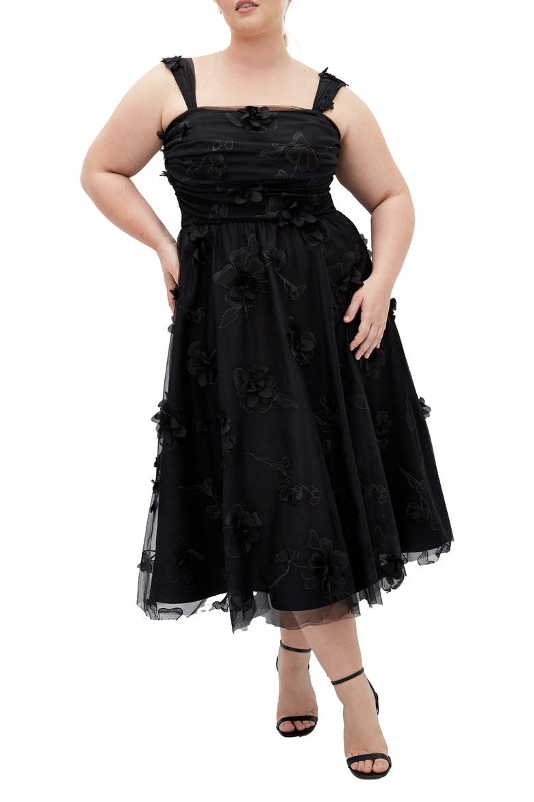 Leilani 3D Floral Appliqué Midi Dress, Main, color, BLACK FLORAL