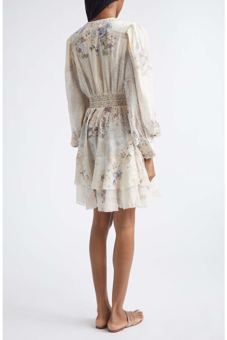 Print Long Sleeve Button Front Silk Frill Dress, Alternate, color, LACED WITH LOVE
