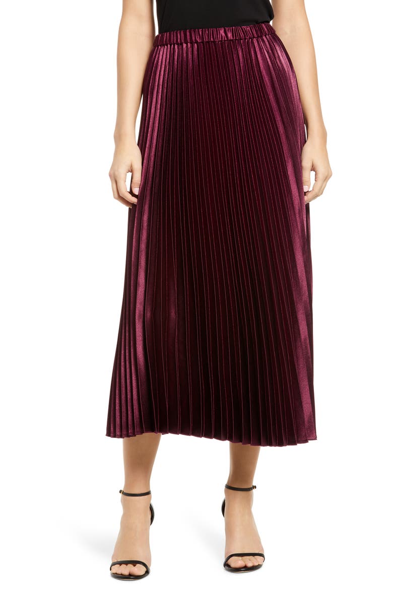 Pleated Satin Midi Skirt, Main, color, MERLOT