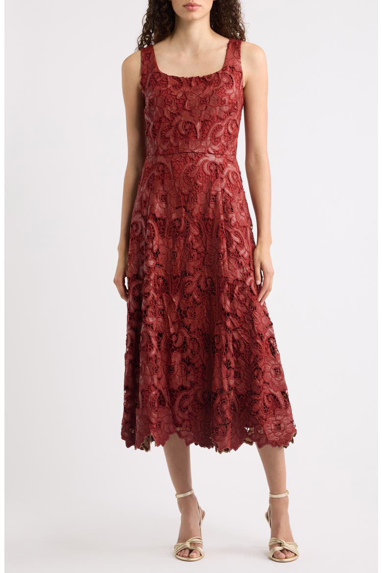 The Chayanne Faux Leather Floral Lace Midi Dress, Main, color, TOASTED SAFFRON