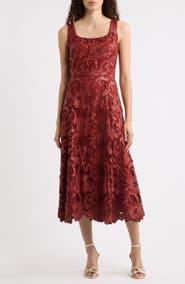 Elie Tahari The Chayanne Faux Leather Floral Lace Midi Dress
