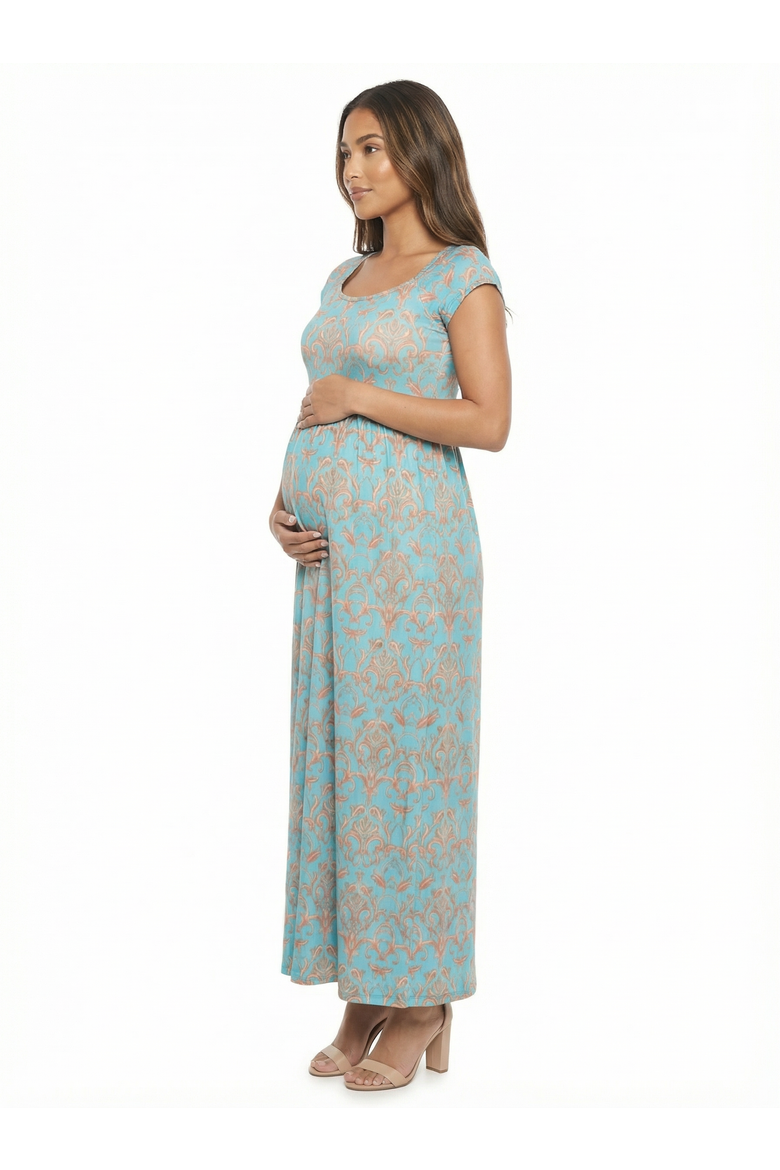 Maternity Abstract Square Neck Cap Sleeve Pleated A-Line Maxi Dress, Alternate, color, Blue Multi
