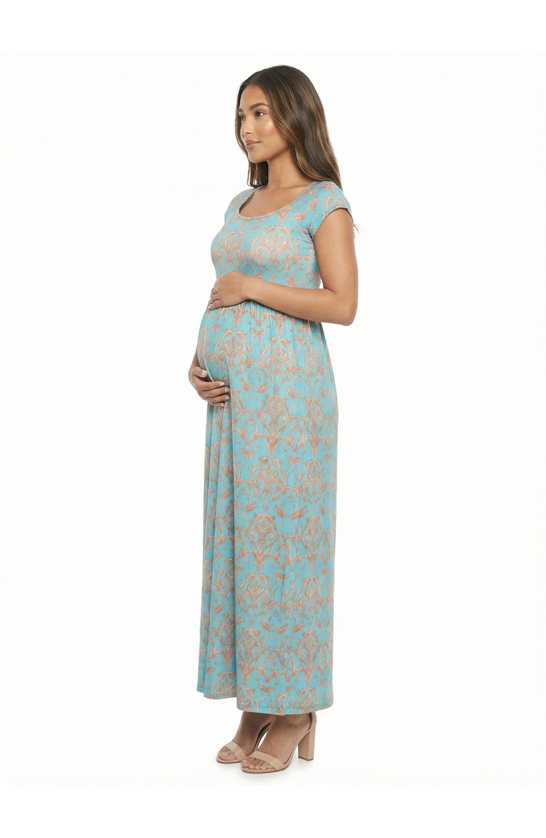 24seven Comfort Apparel Maternity Abstract Square Neck Cap Sleeve Pleated A-Line Maxi Dress, Alternate, color, Blue Multi