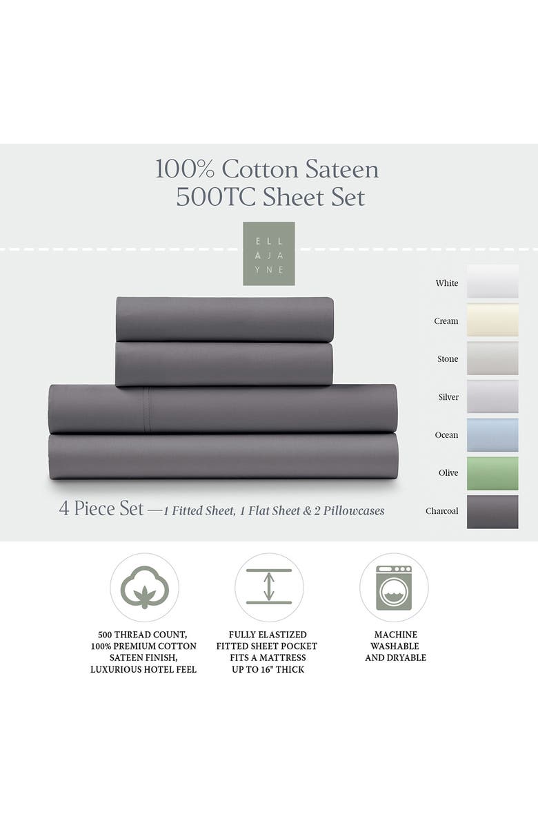 ELLA JAYNE HOME 500 Thread Count Cotton Sateen 4-Piece Sheet Set, Alternate, color, Charcoal