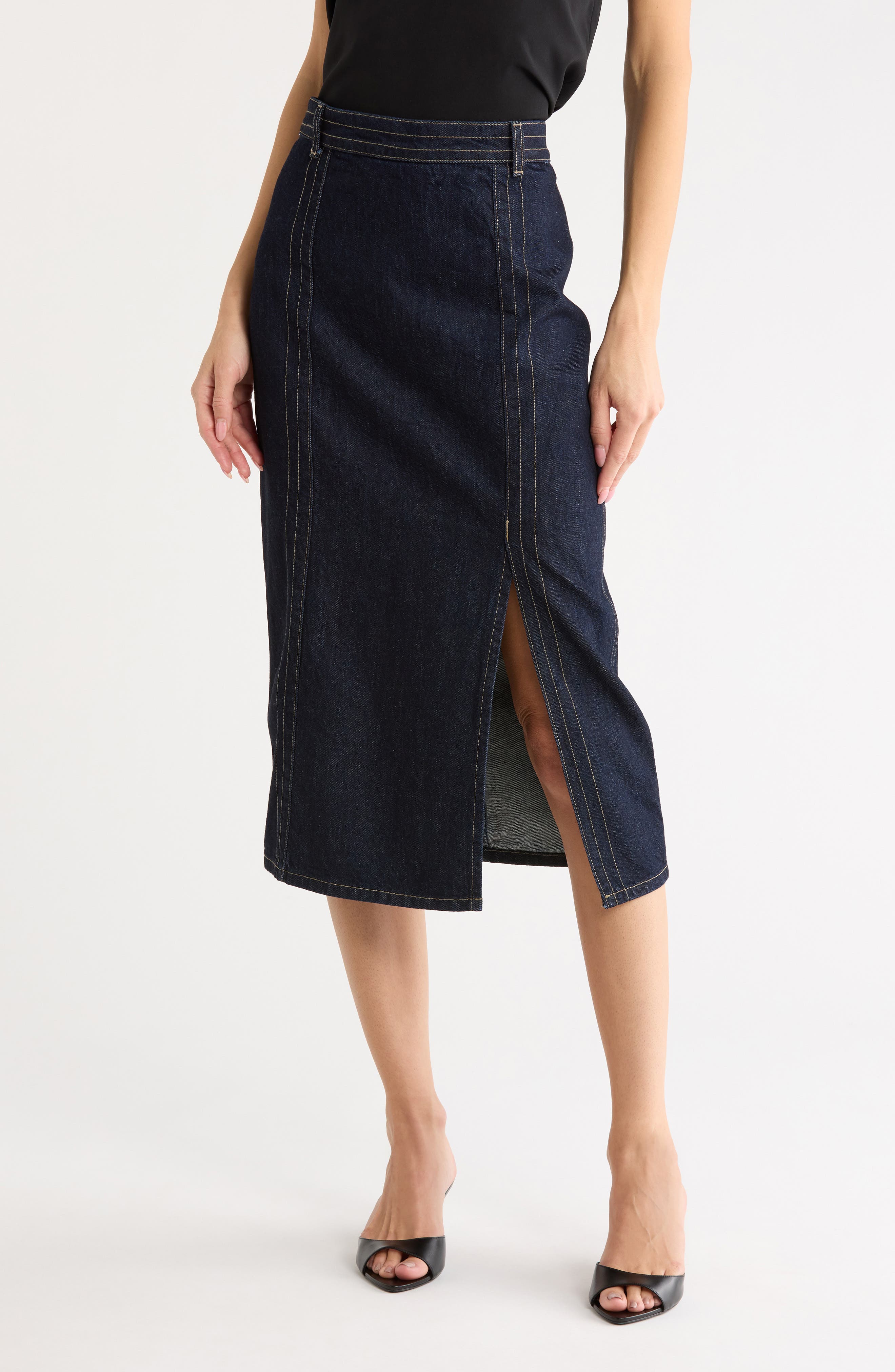 Seamed Denim Midi Skirt