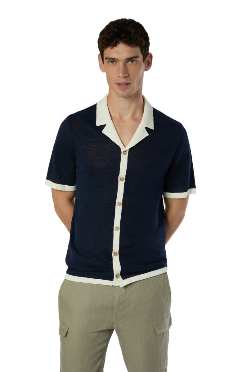 Onia Linen Knit Camp Shirt, Main, color, Deep Navy/White