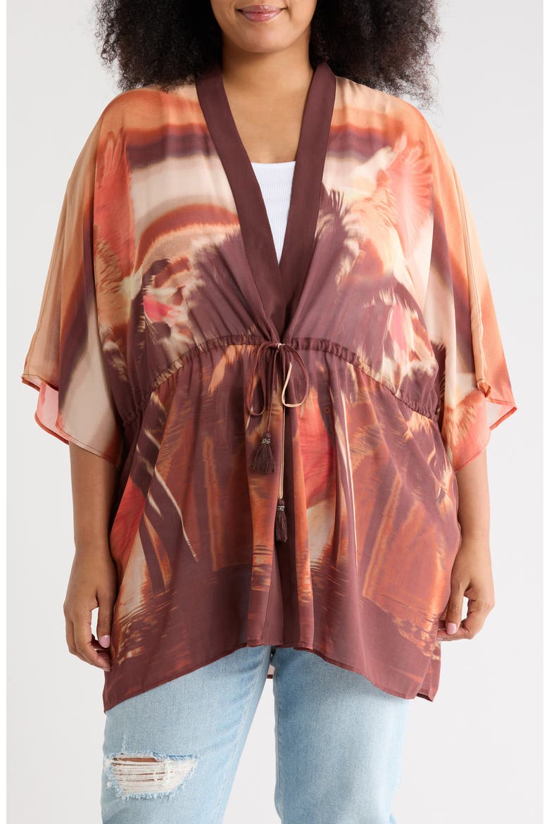 Drawstring Floral Open Front Wrap, Main, color, SUNSET
