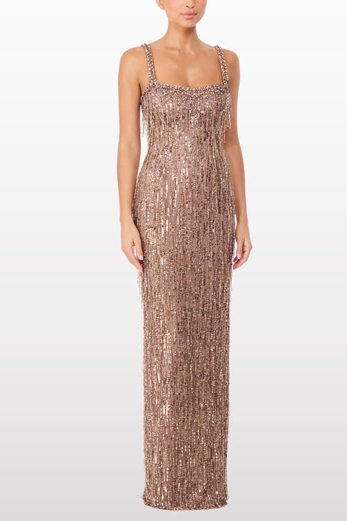 Jenny Packham Sequin-embellished Fringe-detail Maxi Dress In Brown