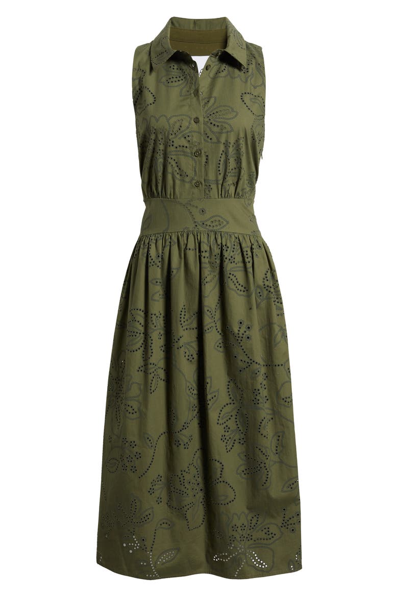 Eyelet Sleeveless Midi Shirtdress, Alternate, color, OLIVE